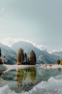 Preview wallpaper lake, mountains, trees, fog, shore, landscape