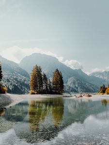 Preview wallpaper lake, mountains, trees, fog, shore, landscape
