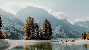 Preview wallpaper lake, mountains, trees, fog, shore, landscape