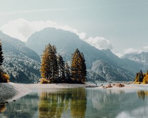 Preview wallpaper lake, mountains, trees, fog, shore, landscape