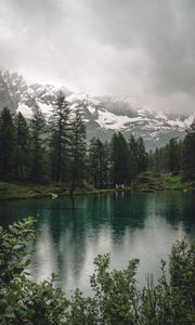 Preview wallpaper lake, mountains, trees, rain, nature