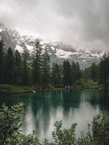 Preview wallpaper lake, mountains, trees, rain, nature