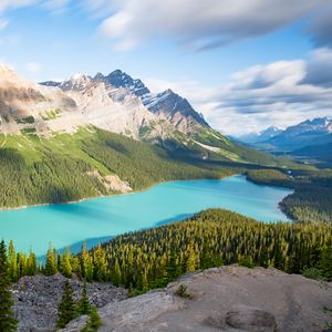 Preview wallpaper lake, mountains, trees, spruce, landscape