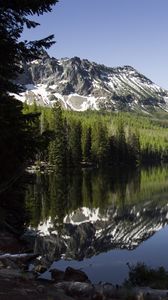 Preview wallpaper lake, mountains, trees, spruce, landscape, reflection