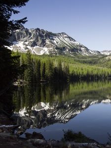Preview wallpaper lake, mountains, trees, spruce, landscape, reflection