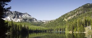 Preview wallpaper lake, mountains, trees, spruce, landscape, reflection