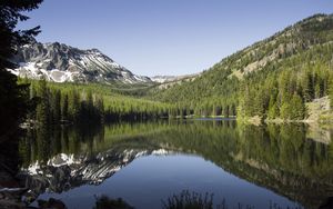 Preview wallpaper lake, mountains, trees, spruce, landscape, reflection