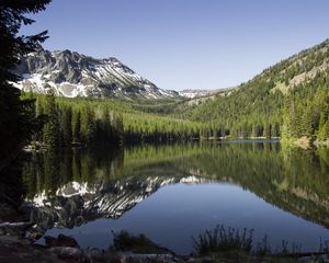 Preview wallpaper lake, mountains, trees, spruce, landscape, reflection