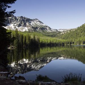 Preview wallpaper lake, mountains, trees, spruce, landscape, reflection