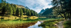 Preview wallpaper lake, mountains, trees, spruce, water