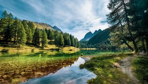 Preview wallpaper lake, mountains, trees, spruce, water