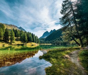 Preview wallpaper lake, mountains, trees, spruce, water