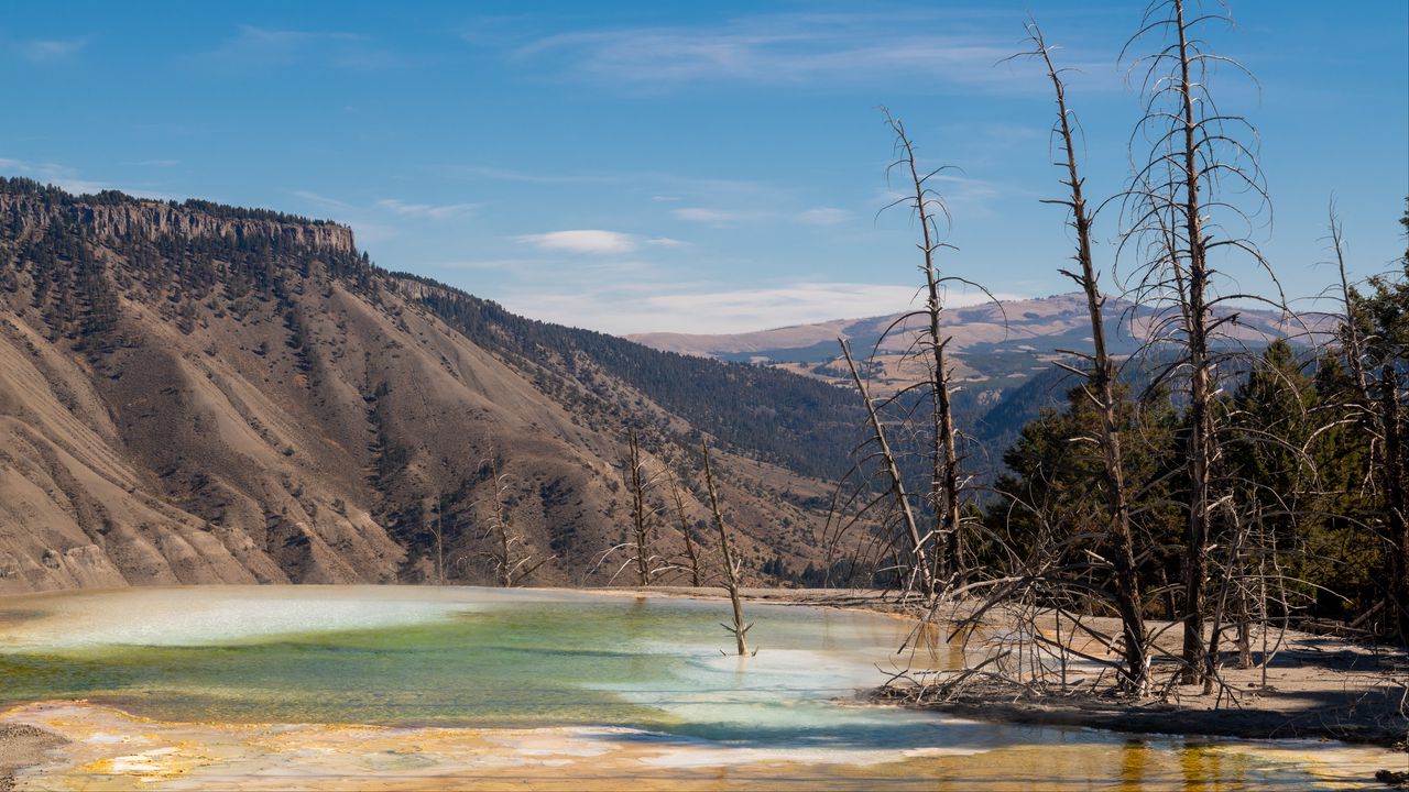 Wallpaper lake, mountains, trees, valley