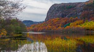 Preview wallpaper lake, mountains, trees, reflection, autumn, landscape