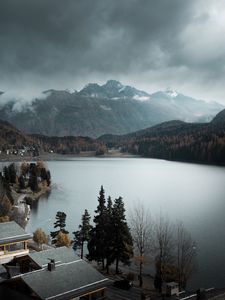 Preview wallpaper lake, mountains, trees, fog, nature