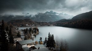 Preview wallpaper lake, mountains, trees, fog, nature