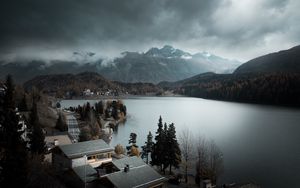Preview wallpaper lake, mountains, trees, fog, nature
