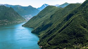 Preview wallpaper lake, mountains, trees, nature, landscape