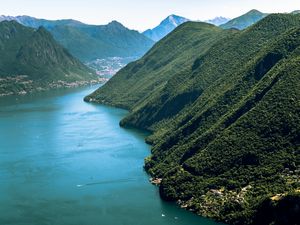 Preview wallpaper lake, mountains, trees, nature, landscape