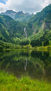 Preview wallpaper lake, mountains, trees, waterfall