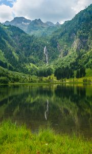 Preview wallpaper lake, mountains, trees, waterfall