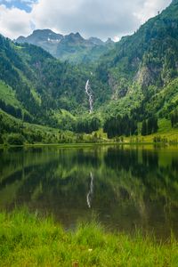 Preview wallpaper lake, mountains, trees, waterfall