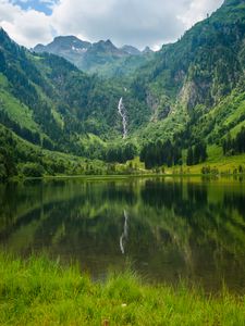 Preview wallpaper lake, mountains, trees, waterfall