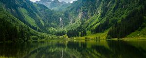 Preview wallpaper lake, mountains, trees, waterfall