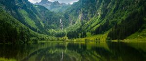 Preview wallpaper lake, mountains, trees, waterfall