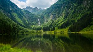 Preview wallpaper lake, mountains, trees, waterfall