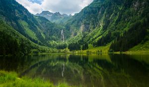 Preview wallpaper lake, mountains, trees, waterfall