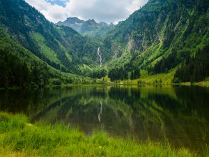 Preview wallpaper lake, mountains, trees, waterfall