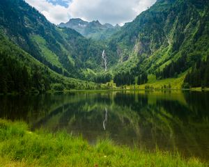 Preview wallpaper lake, mountains, trees, waterfall