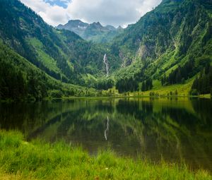 Preview wallpaper lake, mountains, trees, waterfall