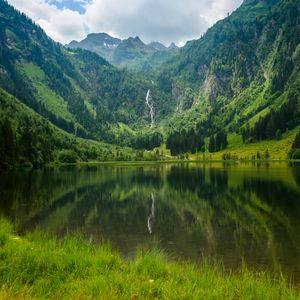 Preview wallpaper lake, mountains, trees, waterfall