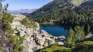Preview wallpaper lake, mountains, trees, stones, landscape