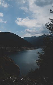 Preview wallpaper lake, mountains, twilight, evening, sky