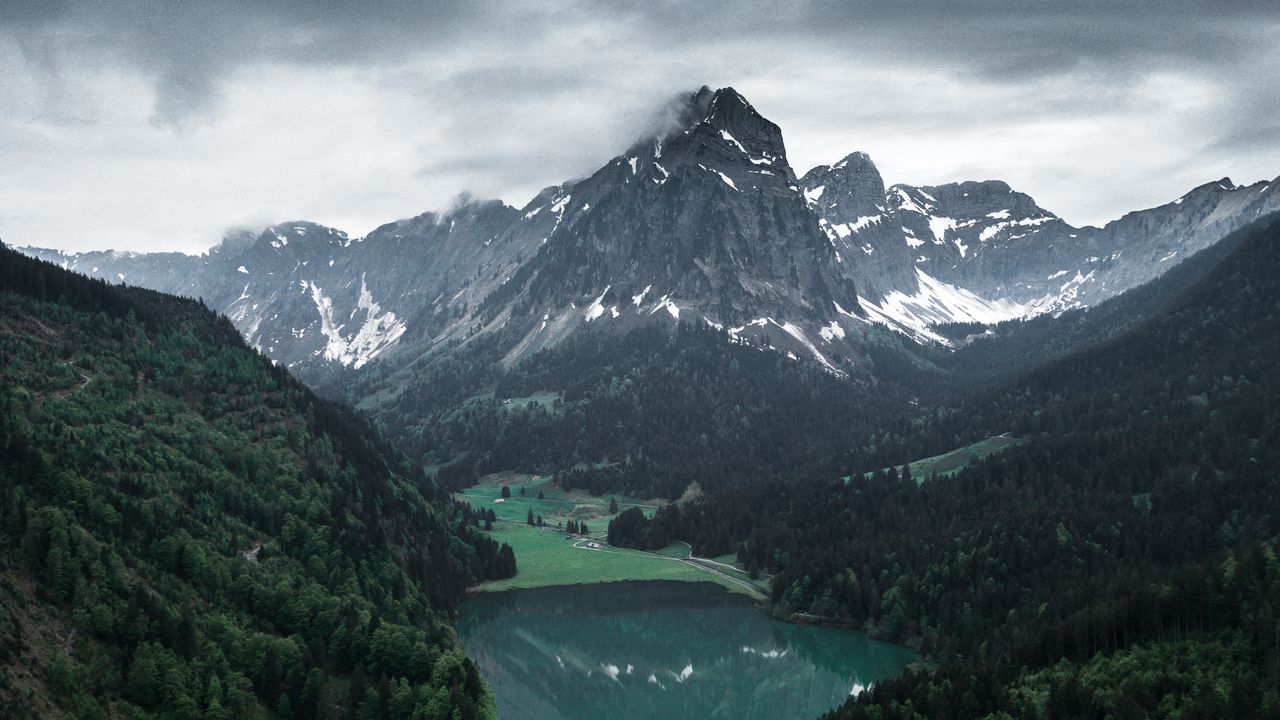 Wallpaper lake, mountains, valley, aerial view, landscape