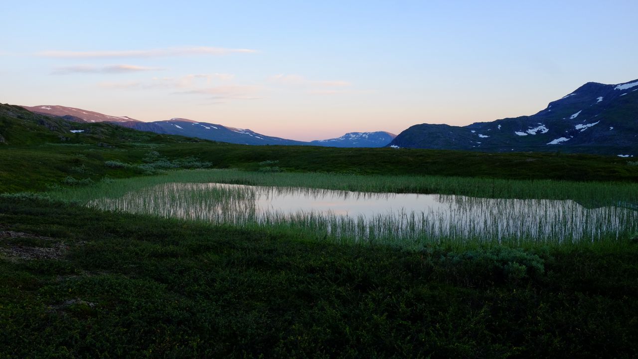 Wallpaper lake, mountains, valley, grass, landscape