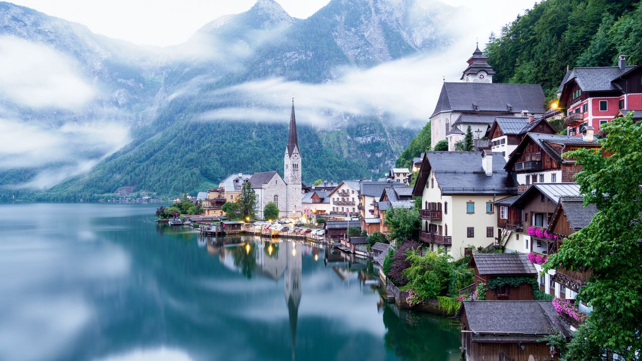 Wallpaper lake, mountains, village, hallstatt, austria