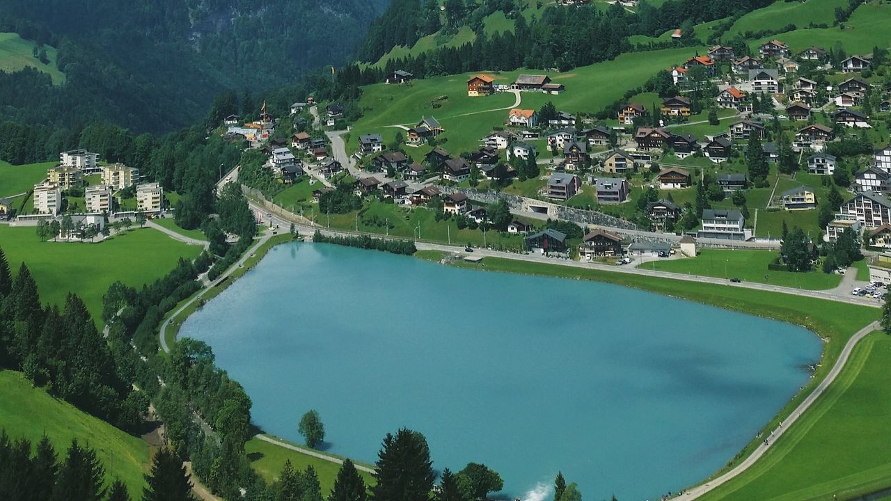 Wallpaper lake, mountains, village, aerial view, landscape hd, picture,  image
