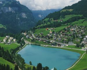 Preview wallpaper lake, mountains, village, aerial view, landscape