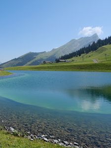Preview wallpaper lake, mountains, water, landscape, nature, summer