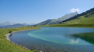 Preview wallpaper lake, mountains, water, landscape, nature, summer