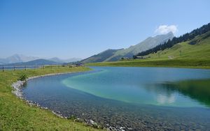 Preview wallpaper lake, mountains, water, landscape, nature, summer