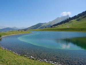 Preview wallpaper lake, mountains, water, landscape, nature, summer