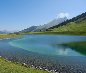 Preview wallpaper lake, mountains, water, landscape, nature, summer