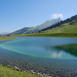 Preview wallpaper lake, mountains, water, landscape, nature, summer