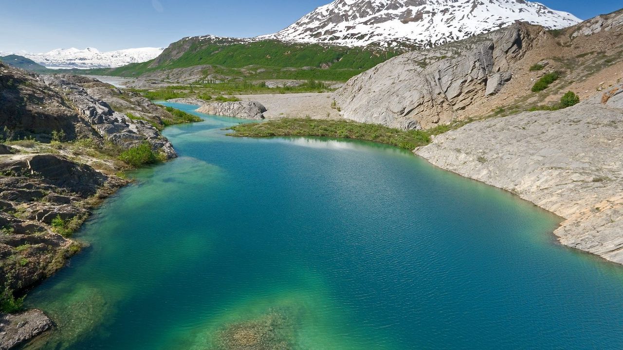 Wallpaper lake, mountains, water, blue, snow