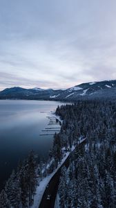 Preview wallpaper lake, mountains, winter, snow, road, top view